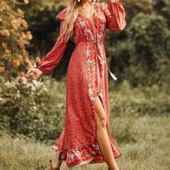 red Floral Ruffle detailed Drawstring Waist Split Hem Maxi Cottagecore Dress - Picture 5 of 6